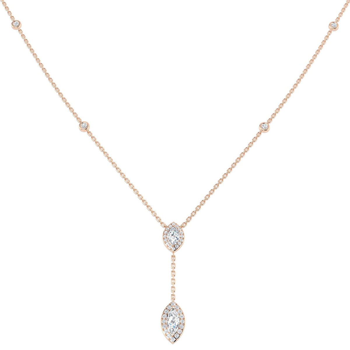 Marquise Diamond Halo Y-Drop Necklace in 10K/14K gold and platinum with certified lab-grown or natural diamonds