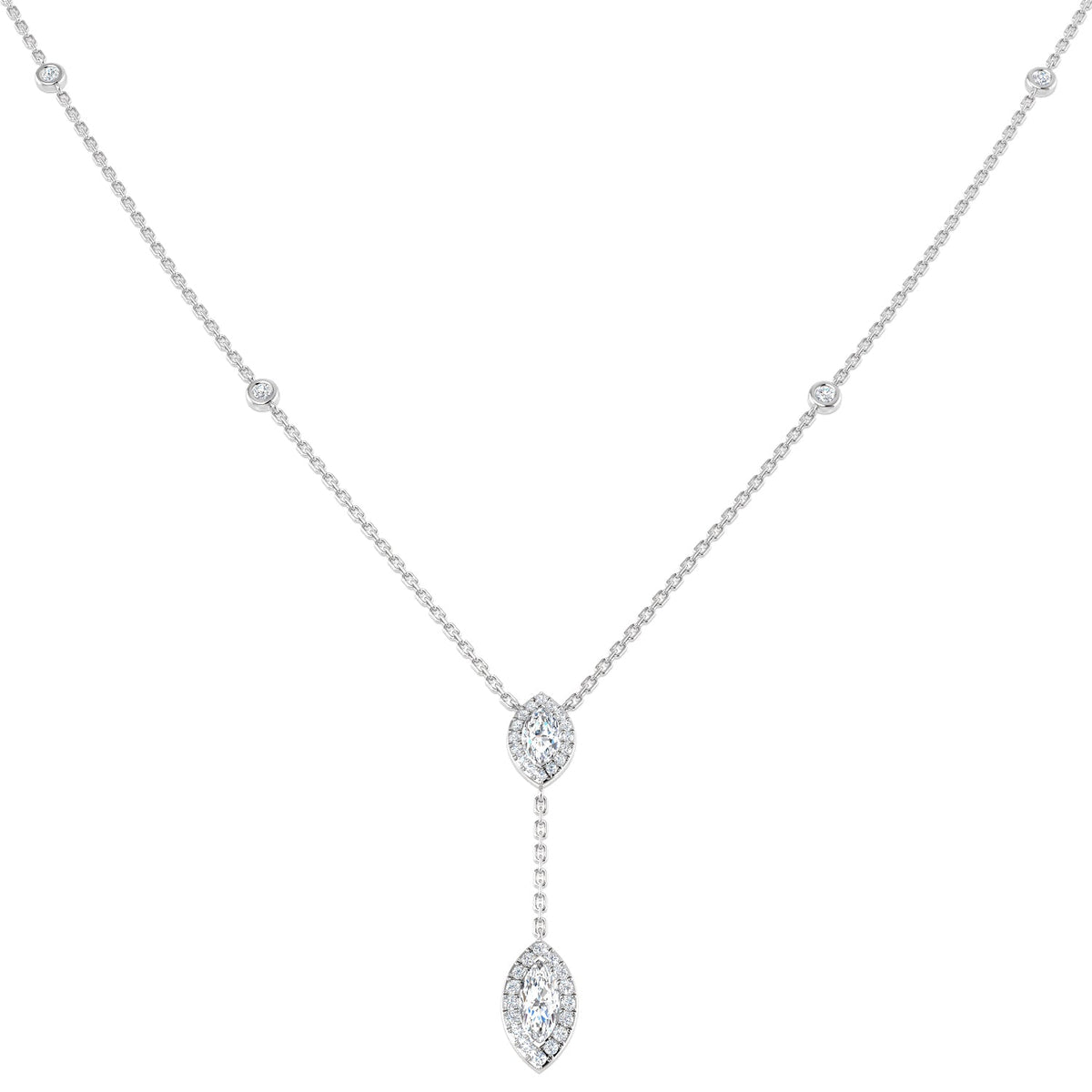 Marquise Diamond Halo Y-Drop Necklace in 10K/14K gold and platinum with certified lab-grown or natural diamonds