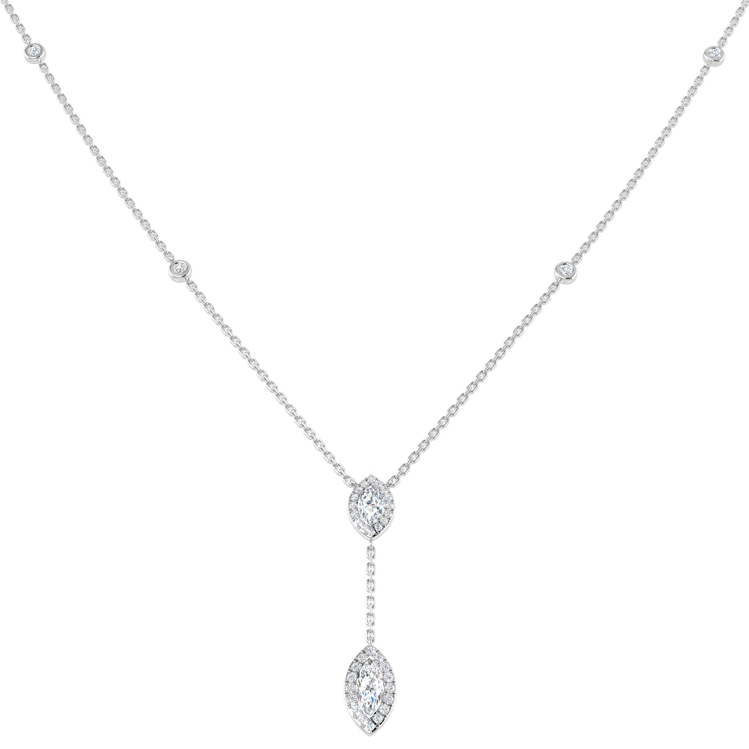 Marquise Diamond Halo Y-Drop Necklace in 10K/14K gold and platinum with certified lab-grown or natural diamonds