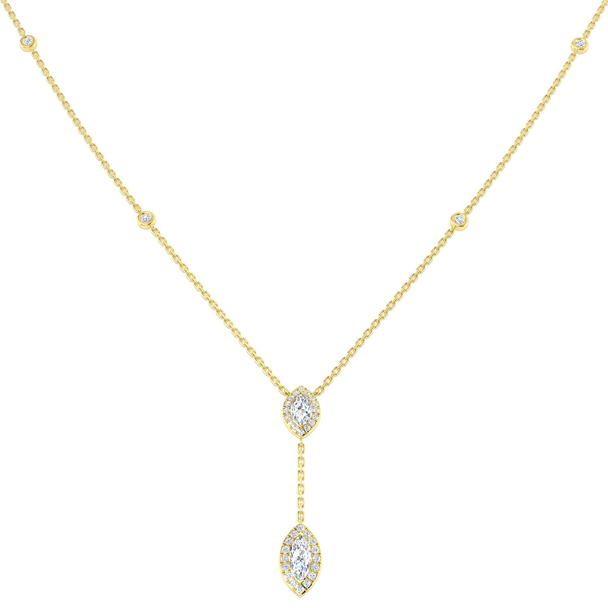 Marquise Diamond Halo Y-Drop Necklace in 10K/14K gold and platinum with certified lab-grown or natural diamonds