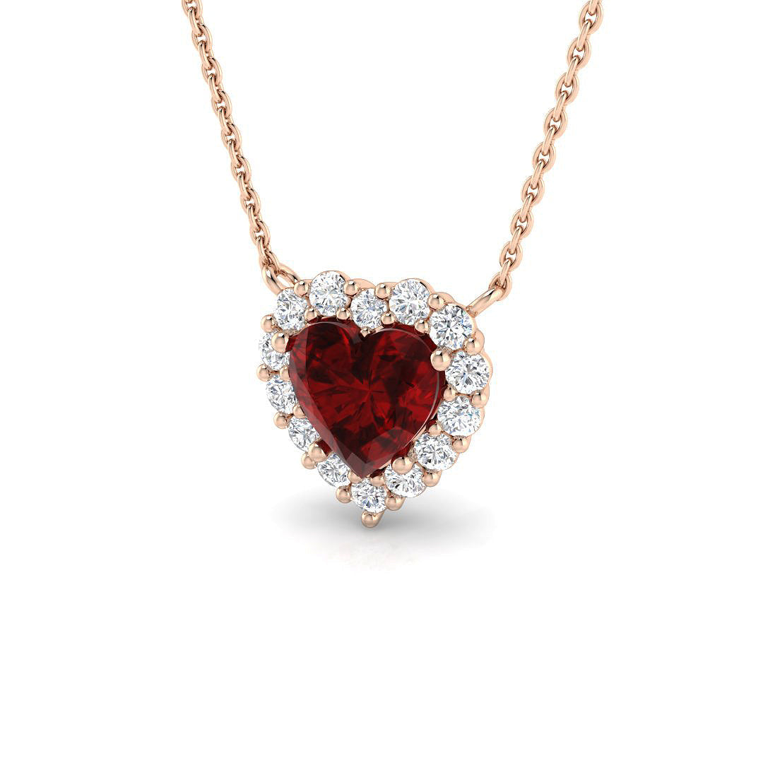 Heart Ruby Diamond Halo Pendant Necklace in 10K/14K gold and platinum with certified lab-grown or natural diamonds