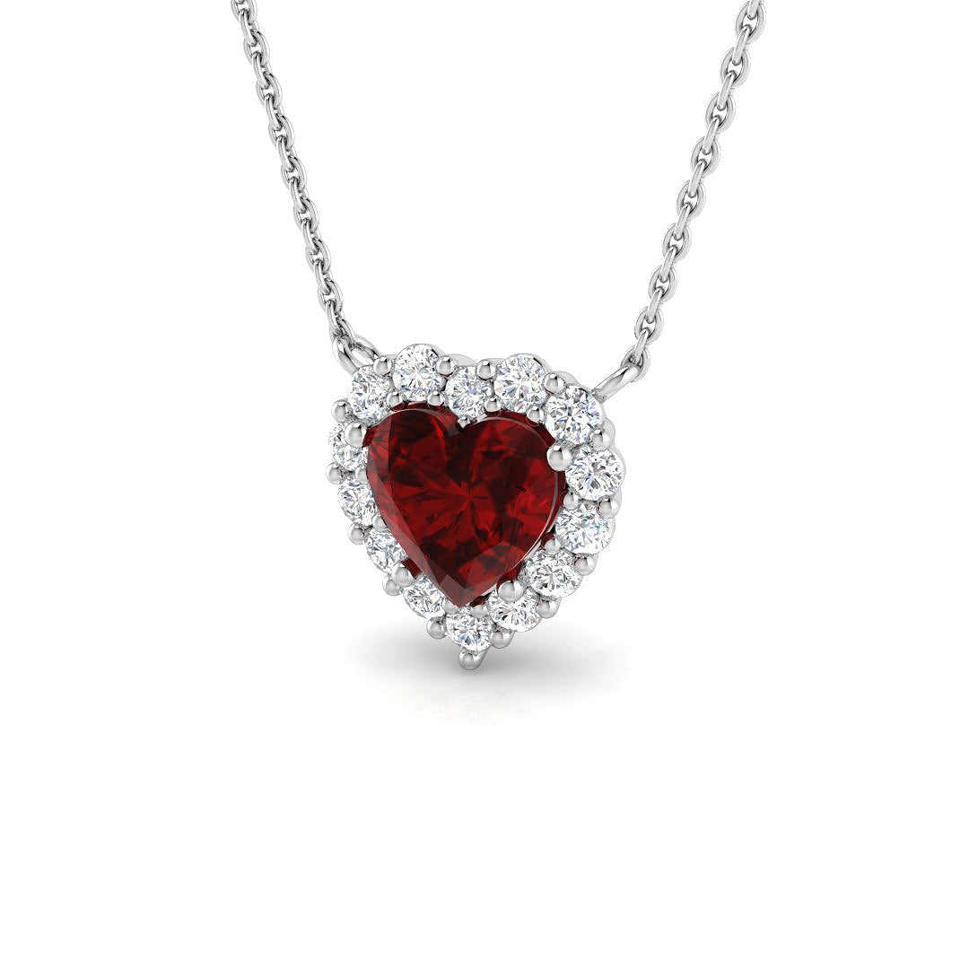 Heart Ruby Diamond Halo Pendant Necklace in 10K/14K gold and platinum with certified lab-grown or natural diamonds