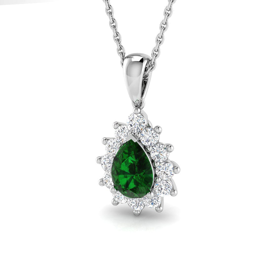 Pear Cut Emerald & Diamond Halo Pendant Without Chain in 10K/14K gold and platinum with certified lab-grown or natural diamonds