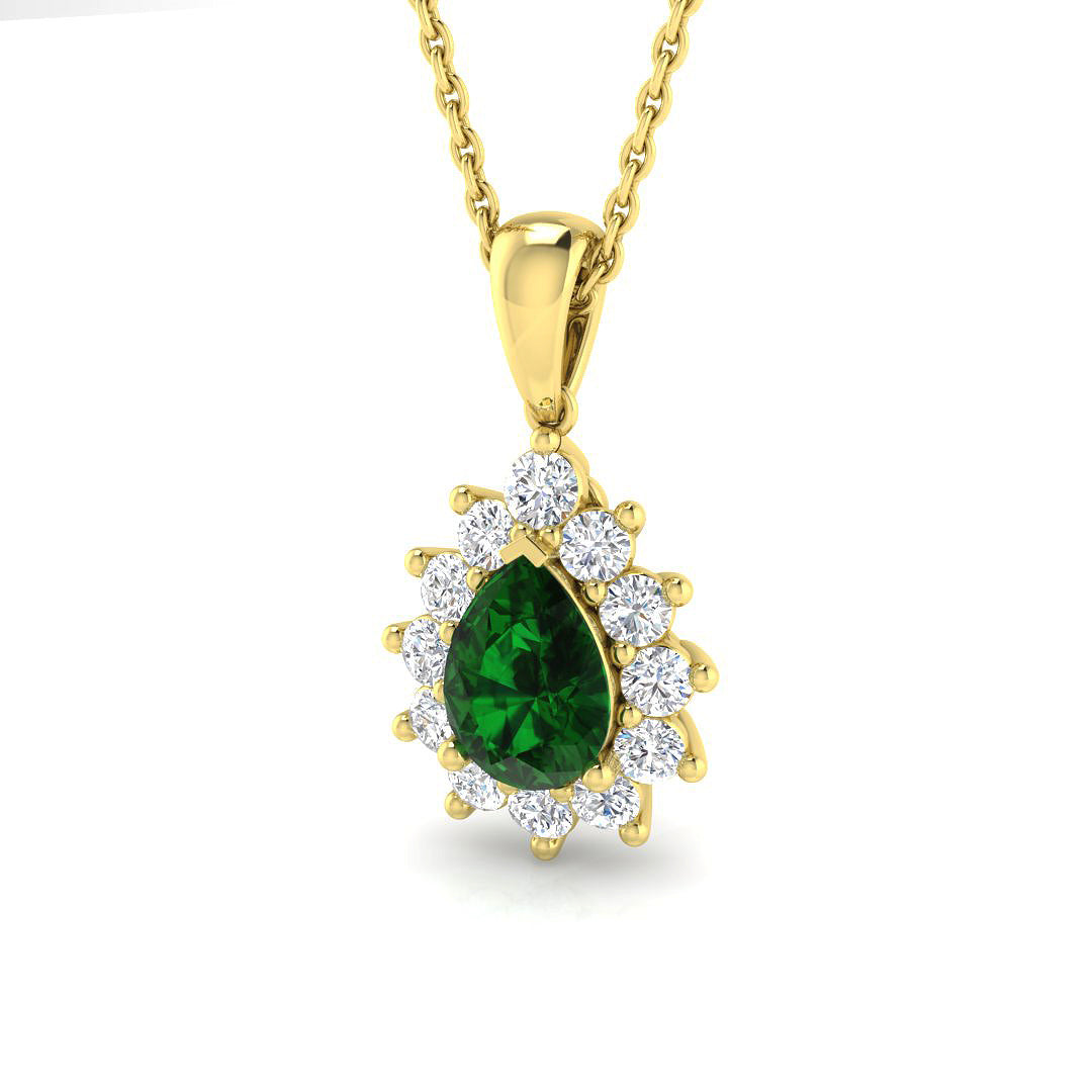Pear Cut Emerald & Diamond Halo Pendant Without Chain in 10K/14K gold and platinum with certified lab-grown or natural diamonds