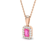 Emerald Cut Pink Sapphire Halo Pendant in in 10K/14K gold and platinum with certified lab-grown or natural diamonds