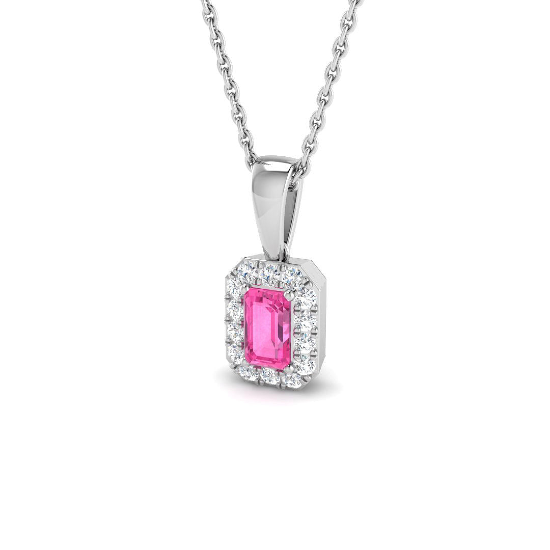 Emerald Cut Pink Sapphire Halo Pendant in in 10K/14K gold and platinum with certified lab-grown or natural diamonds