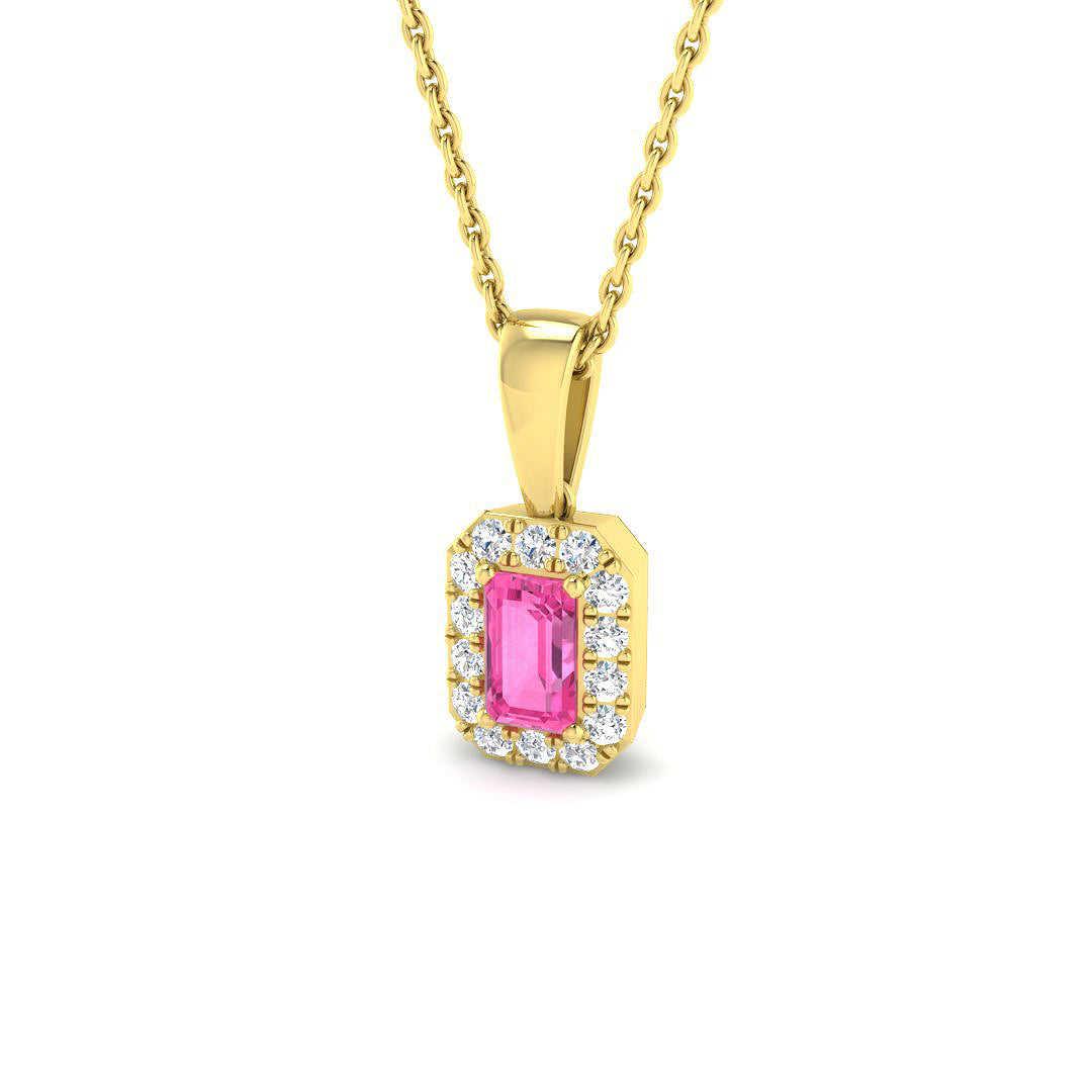 Emerald Cut Pink Sapphire Halo Pendant in in 10K/14K gold and platinum with certified lab-grown or natural diamonds