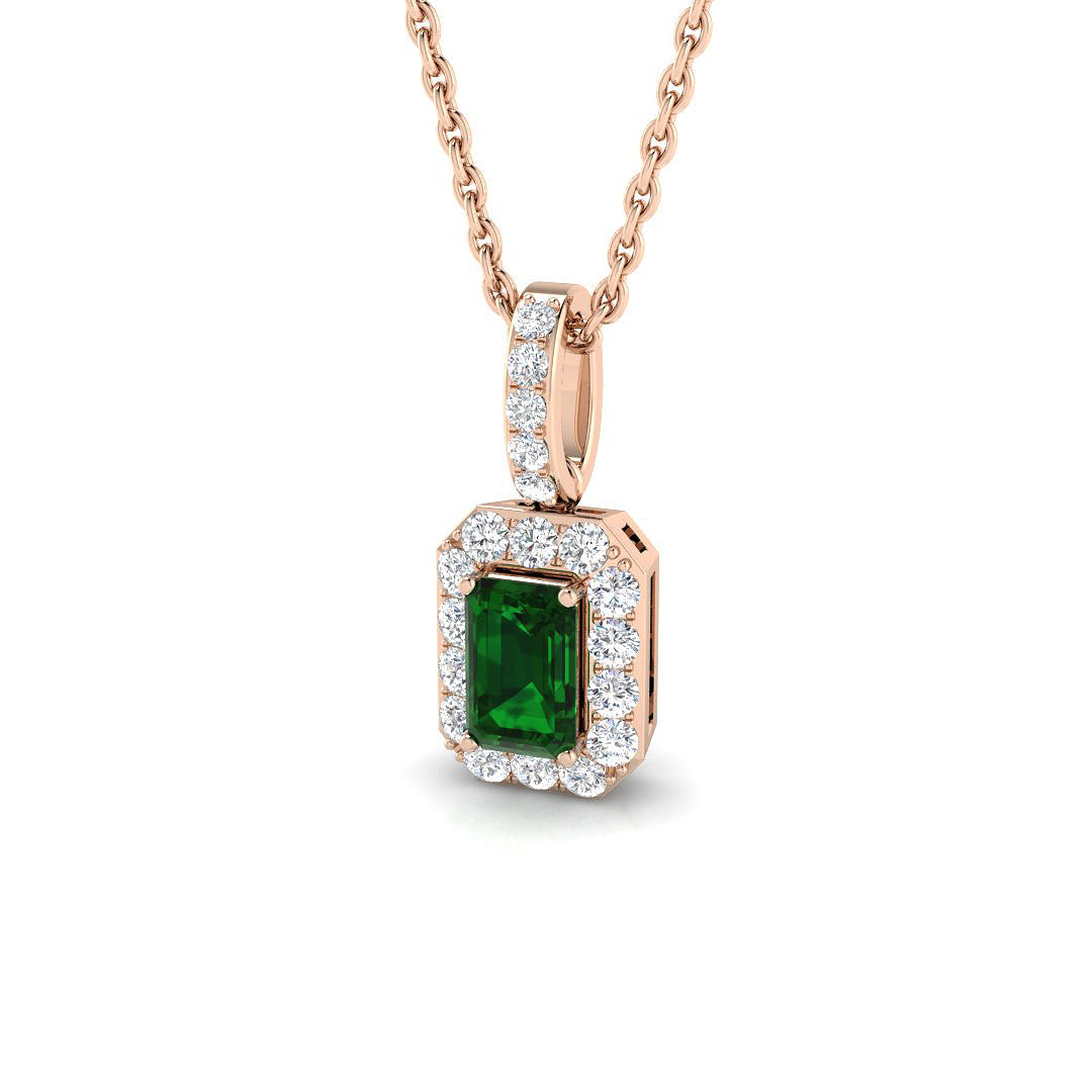 Emerald Cut Emerald Halo Pendant in 10K/14K gold and platinum with certified lab-grown or natural diamonds