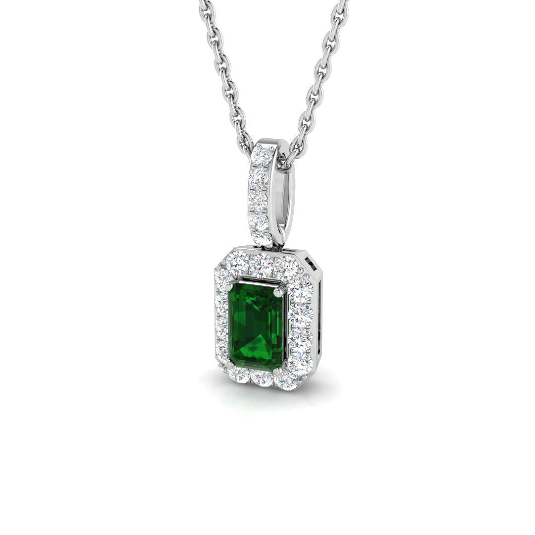 Emerald Cut Emerald Halo Pendant in 10K/14K gold and platinum with certified lab-grown or natural diamonds