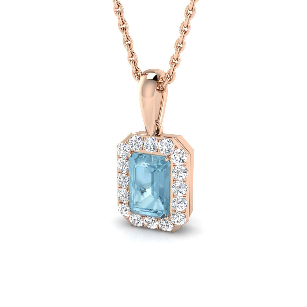Emerald Cut Aquamarine Halo Pendant in in 10K/14K gold and platinum with certified lab-grown or natural diamonds