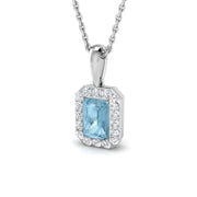 Emerald Cut Aquamarine Halo Pendant in in 10K/14K gold and platinum with certified lab-grown or natural diamonds