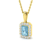 Emerald Cut Aquamarine Halo Pendant in in 10K/14K gold and platinum with certified lab-grown or natural diamonds