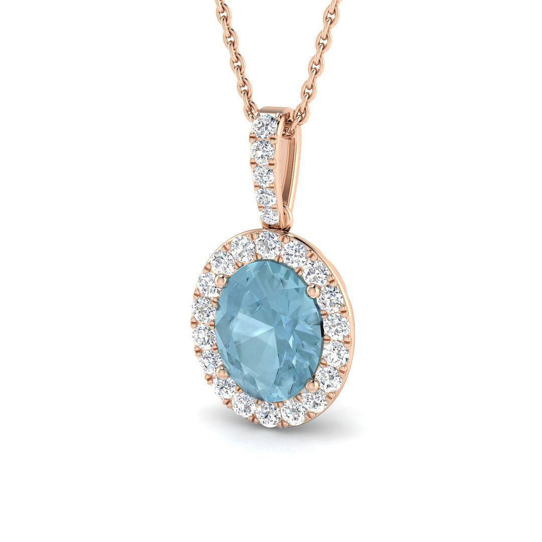Oval Aquamarine Diamond Halo Pendant in 10K/14K gold and platinum with certified lab-grown or natural diamonds