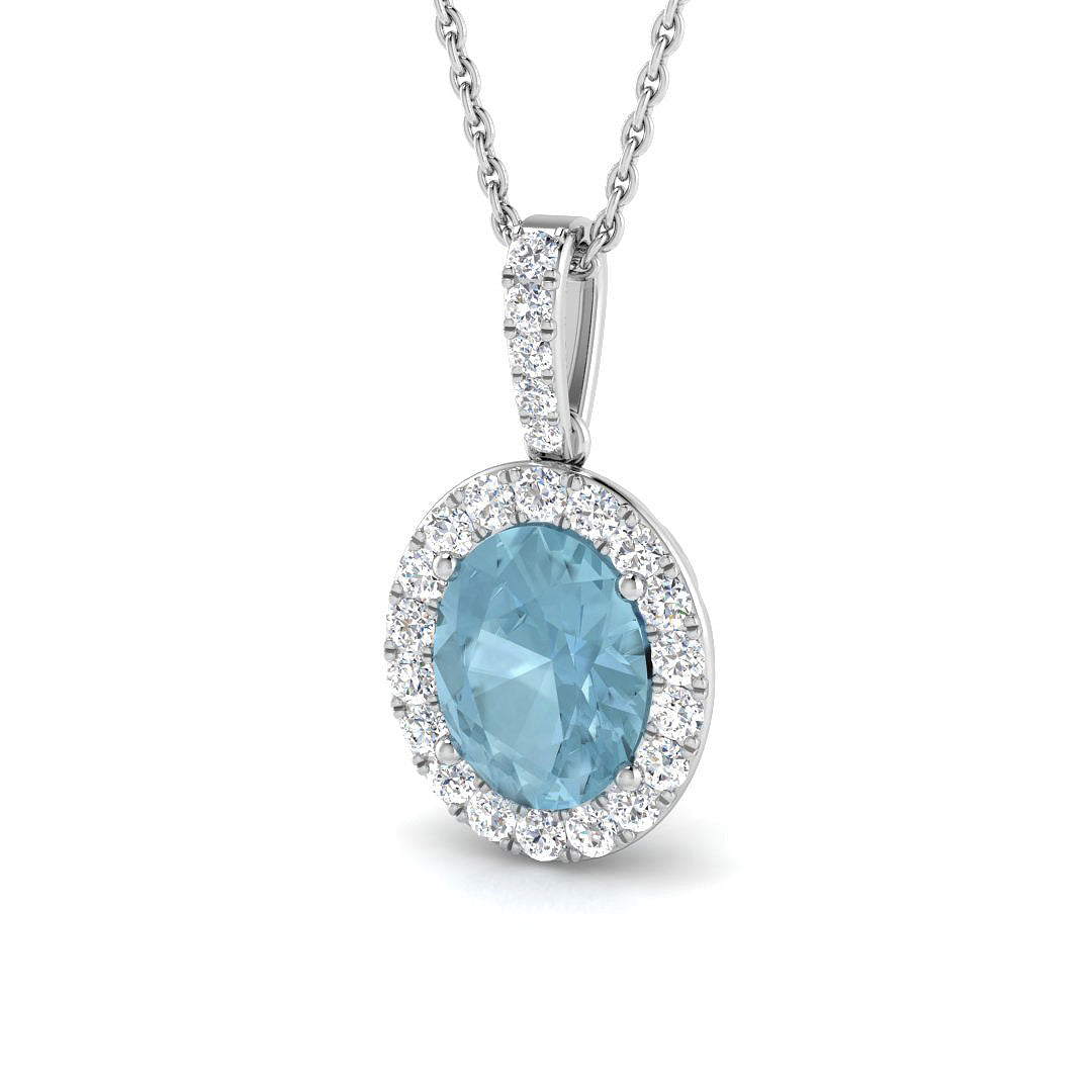 Oval Aquamarine Diamond Halo Pendant in 10K/14K gold and platinum with certified lab-grown or natural diamonds