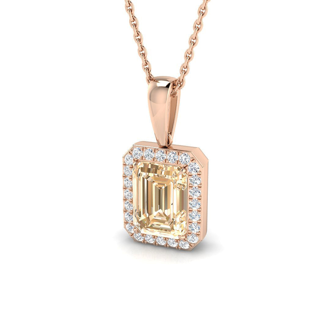 Emerald Cut Morganite Halo Pendant in in 10K/14K gold and platinum with certified lab-grown or natural diamonds