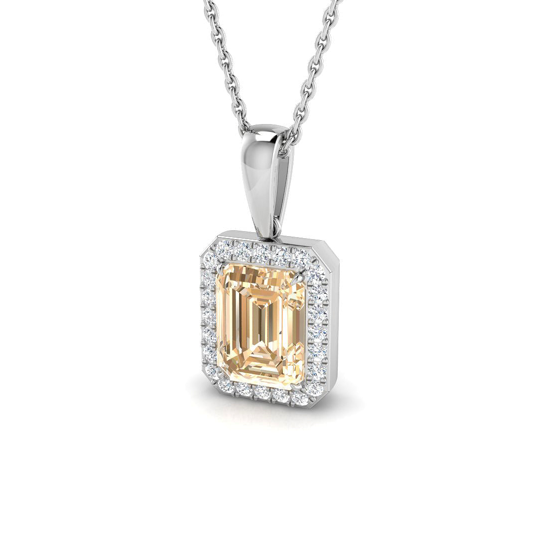Emerald Cut Morganite Halo Pendant in in 10K/14K gold and platinum with certified lab-grown or natural diamonds