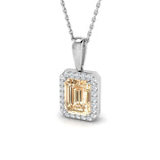 Emerald Cut Morganite Halo Pendant in in 10K/14K gold and platinum with certified lab-grown or natural diamonds