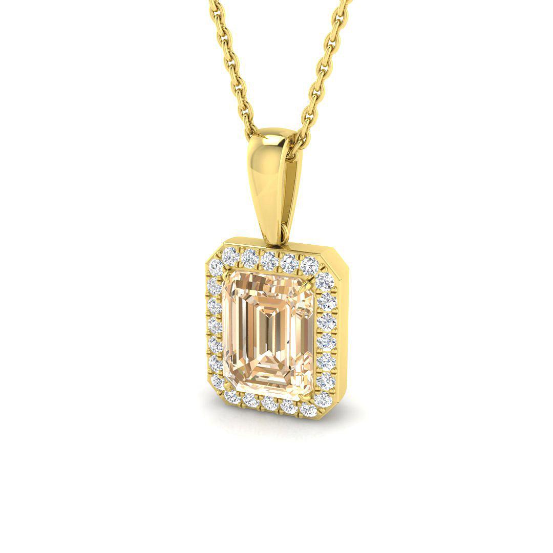 Emerald Cut Morganite Halo Pendant in in 10K/14K gold and platinum with certified lab-grown or natural diamonds