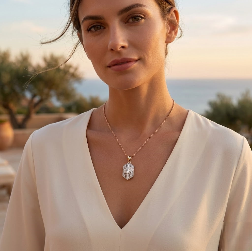 Hexagon Diamond Pendant Necklace with Unique Geometric Design in 10K/14K gold and platinum with certified lab-grown or natural diamonds