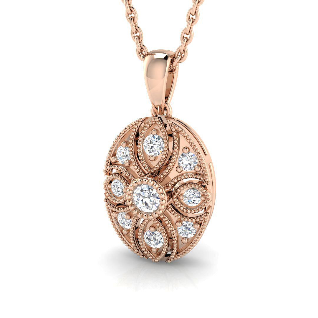 Vintage Round Diamond Oval Pendant With Floral Design Without Chain in 10K/14K gold and platinum with certified lab-grown or natural diamonds