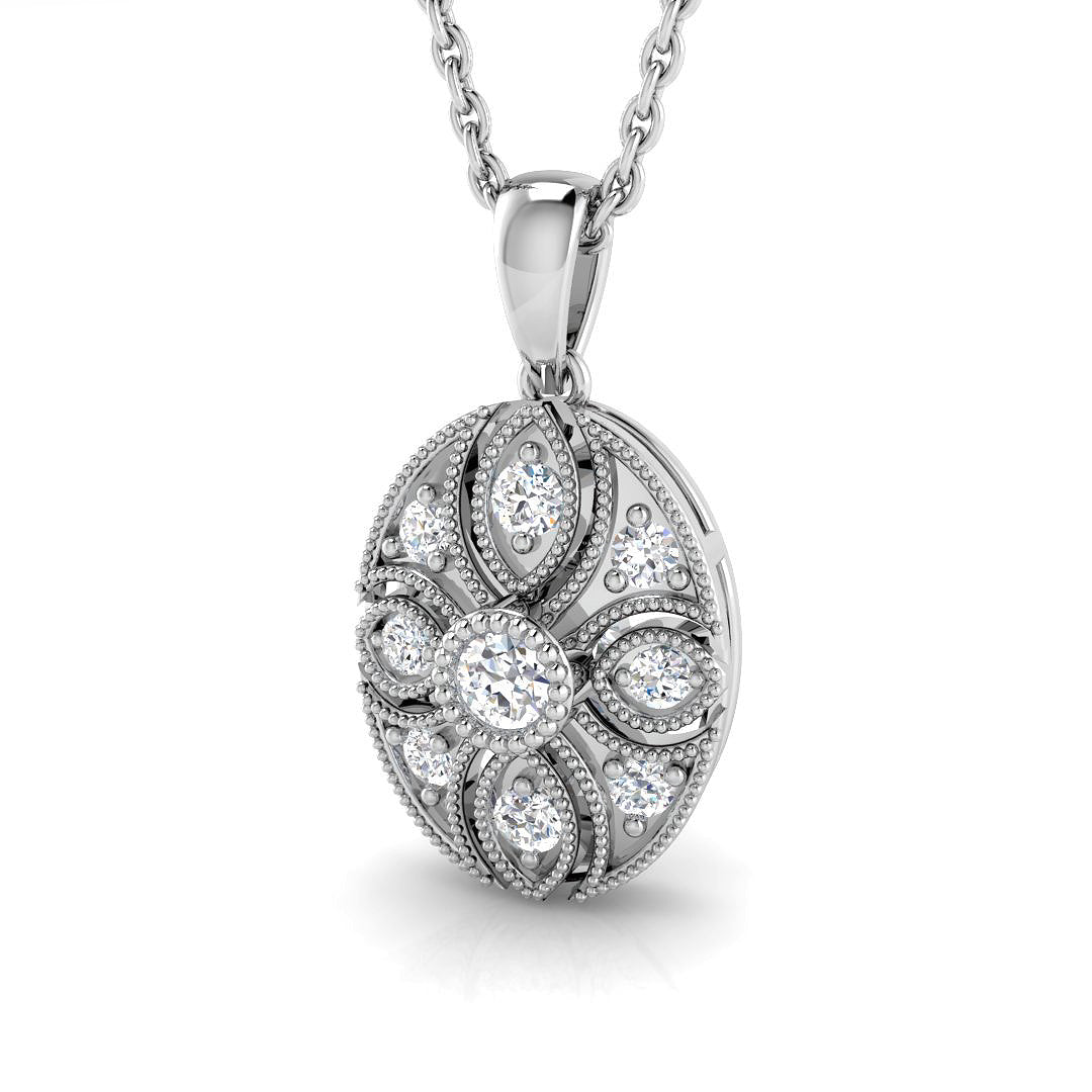 Vintage Round Diamond Oval Pendant With Floral Design Without Chain in 10K/14K gold and platinum with certified lab-grown or natural diamonds