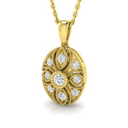 Vintage Round Diamond Oval Pendant With Floral Design Without Chain in 10K/14K gold and platinum with certified lab-grown or natural diamonds