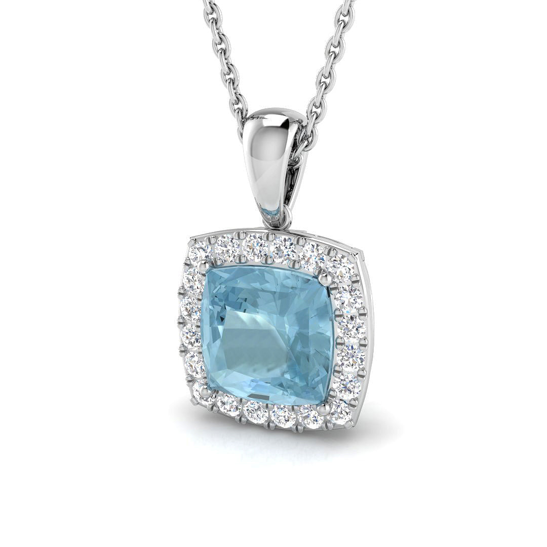 Square Aquamarine Halo Pendant in in 10K/14K gold and platinum with certified lab-grown or natural diamonds