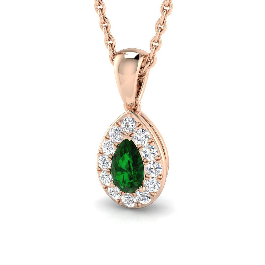 Pear Cut Emerald & Diamond Halo Pendant in Necklace (Without Chain) in 10K/14K gold and platinum with certified lab-grown or natural diamonds