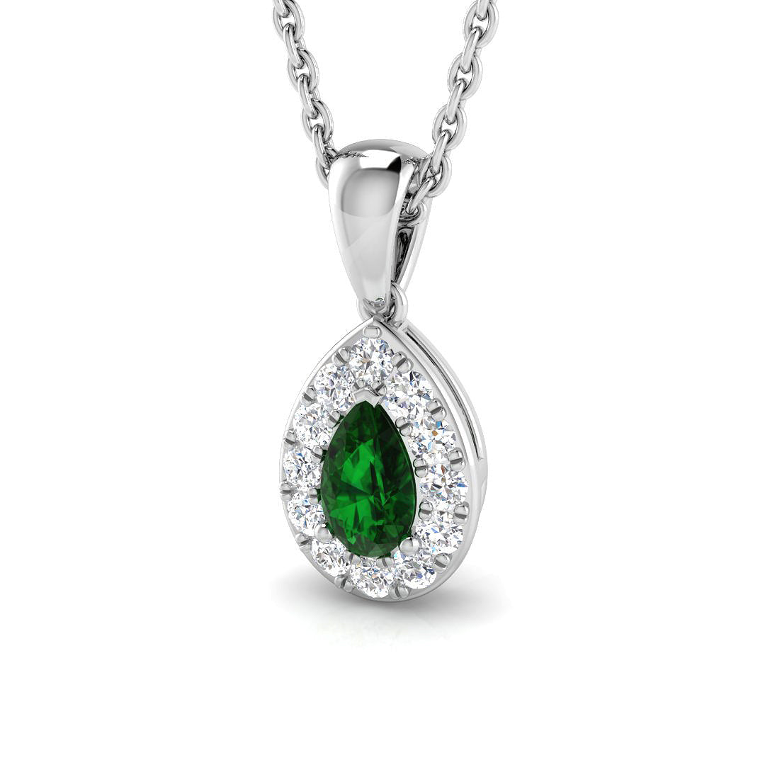 Pear Cut Emerald & Diamond Halo Pendant in Necklace (Without Chain) in 10K/14K gold and platinum with certified lab-grown or natural diamonds
