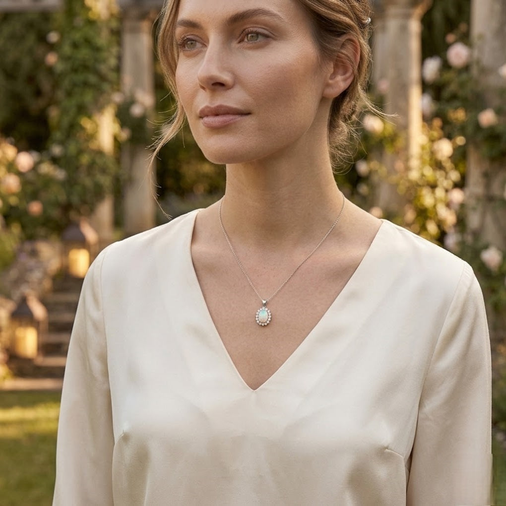 Opal and Diamond Halo Pendant in 10K/14K gold and platinum with certified lab-grown or natural diamonds