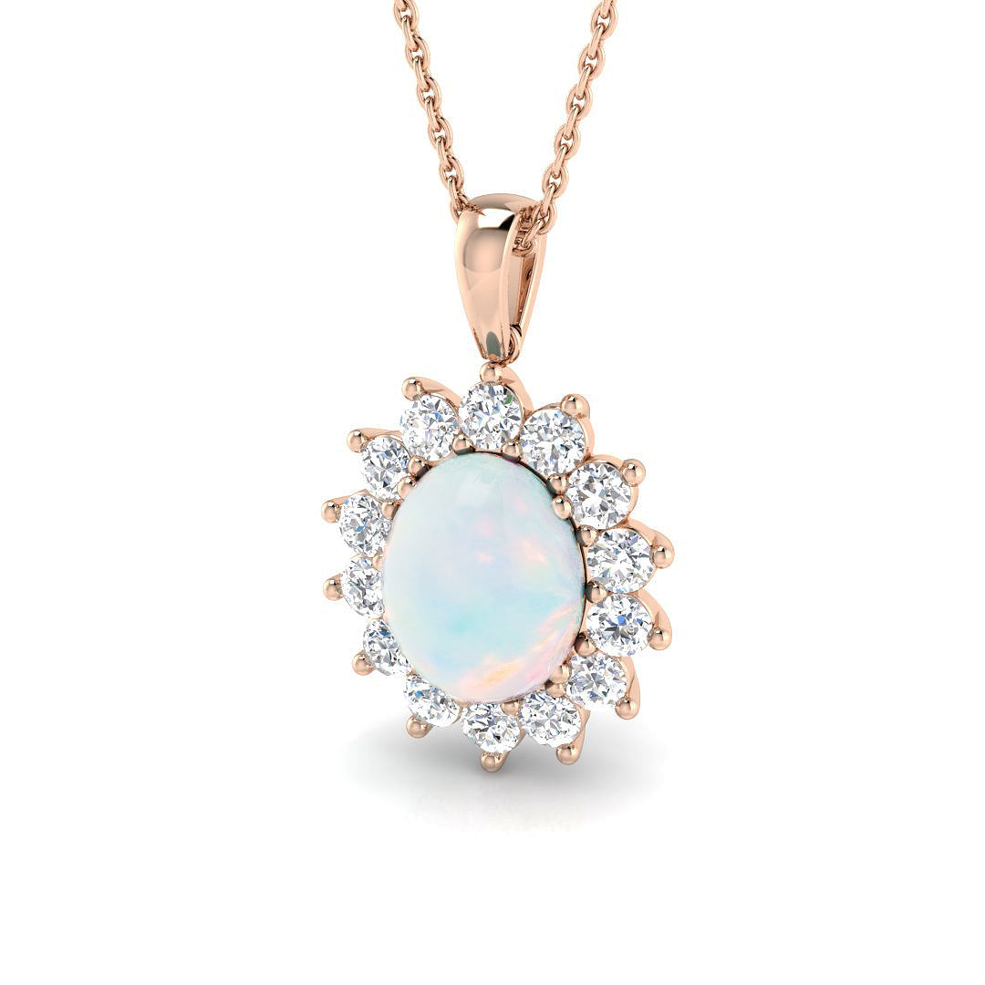 Opal and Diamond Halo Pendant in 10K/14K gold and platinum with certified lab-grown or natural diamonds