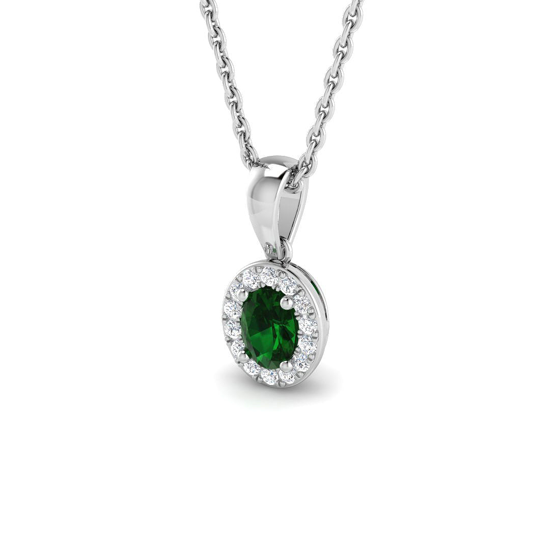 Oval Emerald Halo Pendant with Diamond Accents Necklace (Without Chain) in 10K/14K gold and platinum with certified lab-grown or natural diamonds