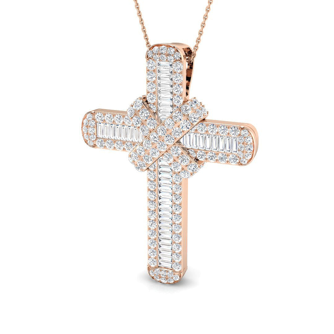 5Ct Baguette Diamond Cross Pendant with Round Diamond Border in 10K/14K gold and platinum with certified lab-grown or natural diamonds