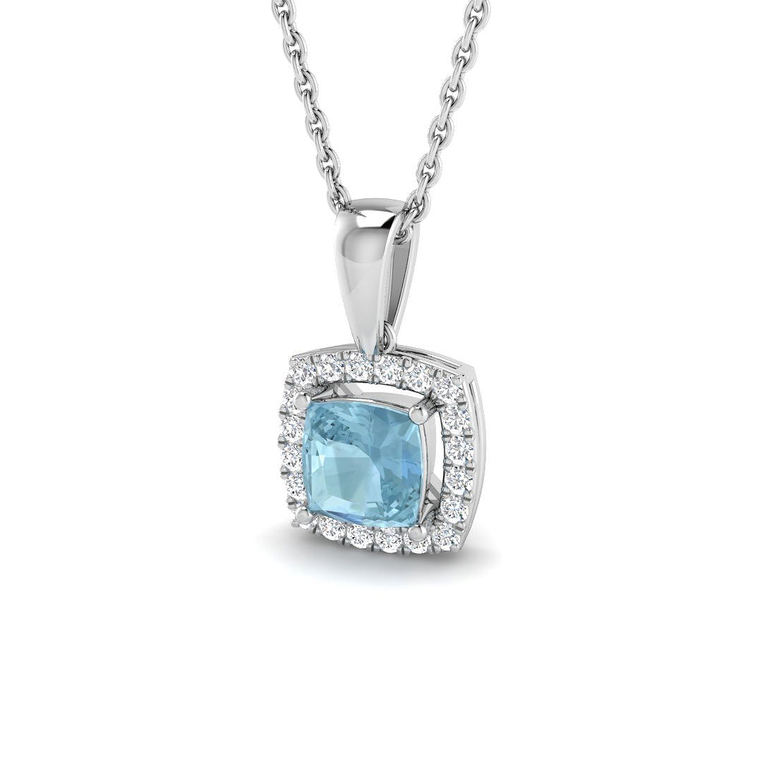Cushion Cut Aquamarine Diamond Halo Pendant Necklace in Gold - Sunshine Diamonds in 10K/14K gold and platinum with certified lab-grown or natural diamonds