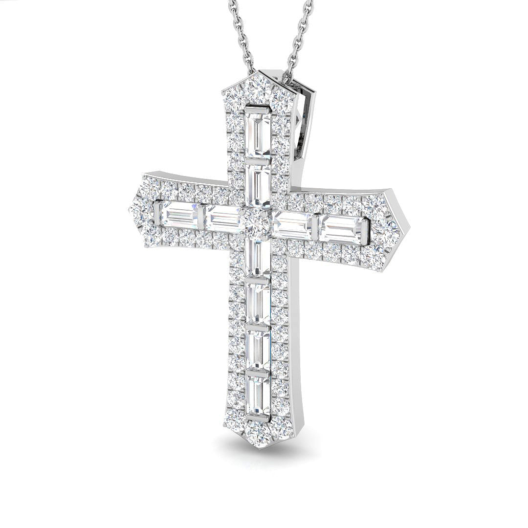 2Ct Baguette & Round Diamond Cross Pendant in Gold or in 10K/14K gold and platinum with certified lab-grown or natural diamonds