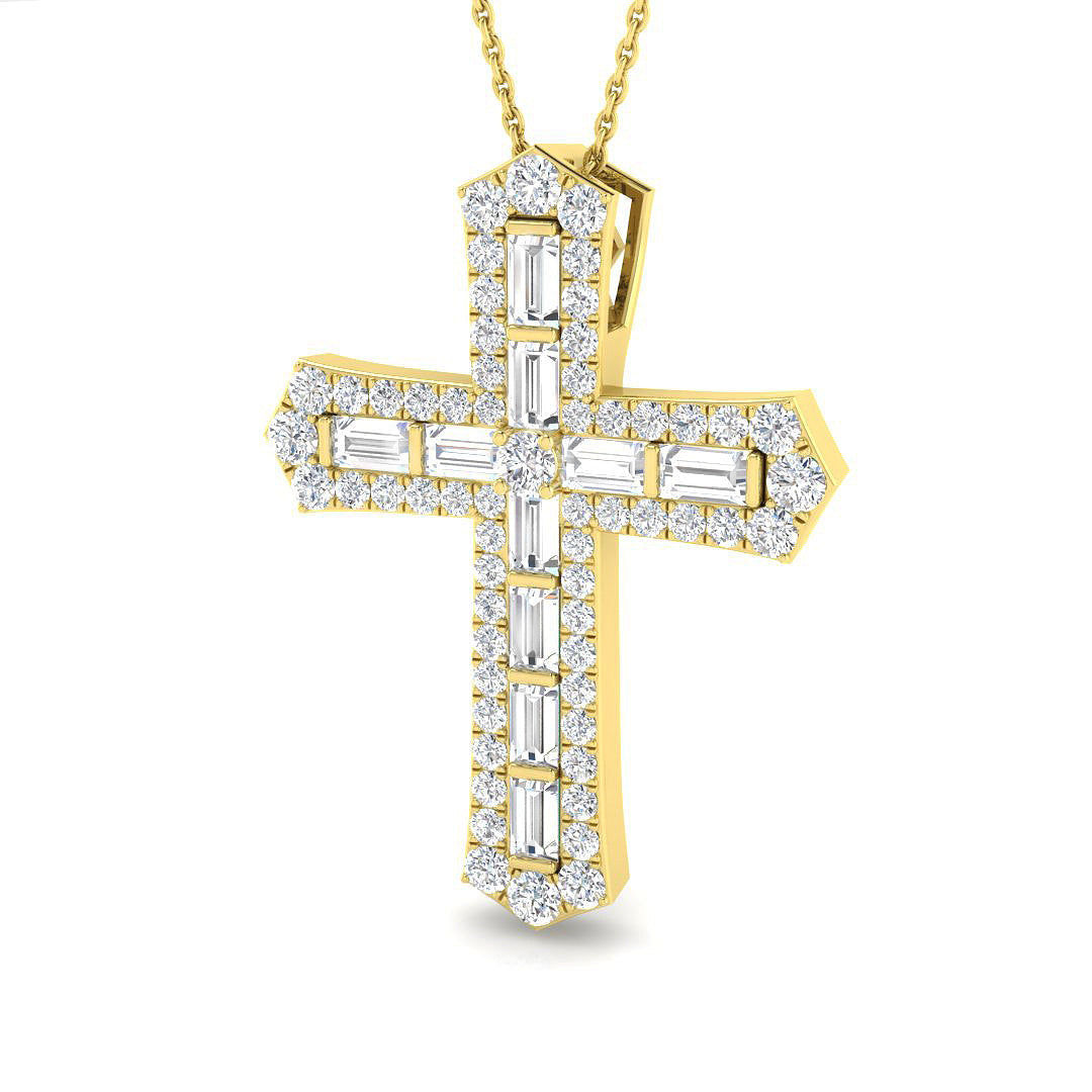2Ct Baguette & Round Diamond Cross Pendant in Gold or in 10K/14K gold and platinum with certified lab-grown or natural diamonds