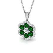 Emerald Pendant Necklace with Diamond Flower Halo Design - Prong Set in 10K/14K gold and platinum with certified lab-grown or natural diamonds