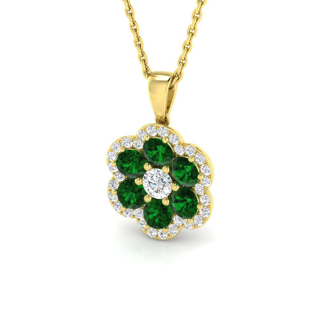 Emerald Pendant Necklace with Diamond Flower Halo Design - Prong Set in 10K/14K gold and platinum with certified lab-grown or natural diamonds