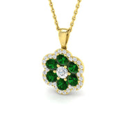 Emerald Pendant Necklace with Diamond Flower Halo Design - Prong Set in 10K/14K gold and platinum with certified lab-grown or natural diamonds