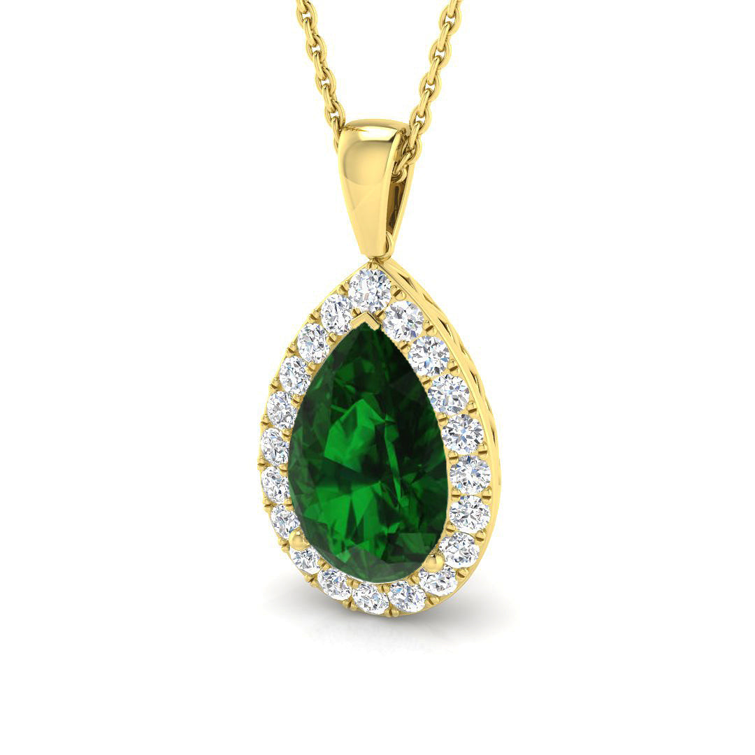 Pear Cut Emerald & Diamond Halo Pendant Without Chain in 10K/14K gold and platinum with certified lab-grown or natural diamonds