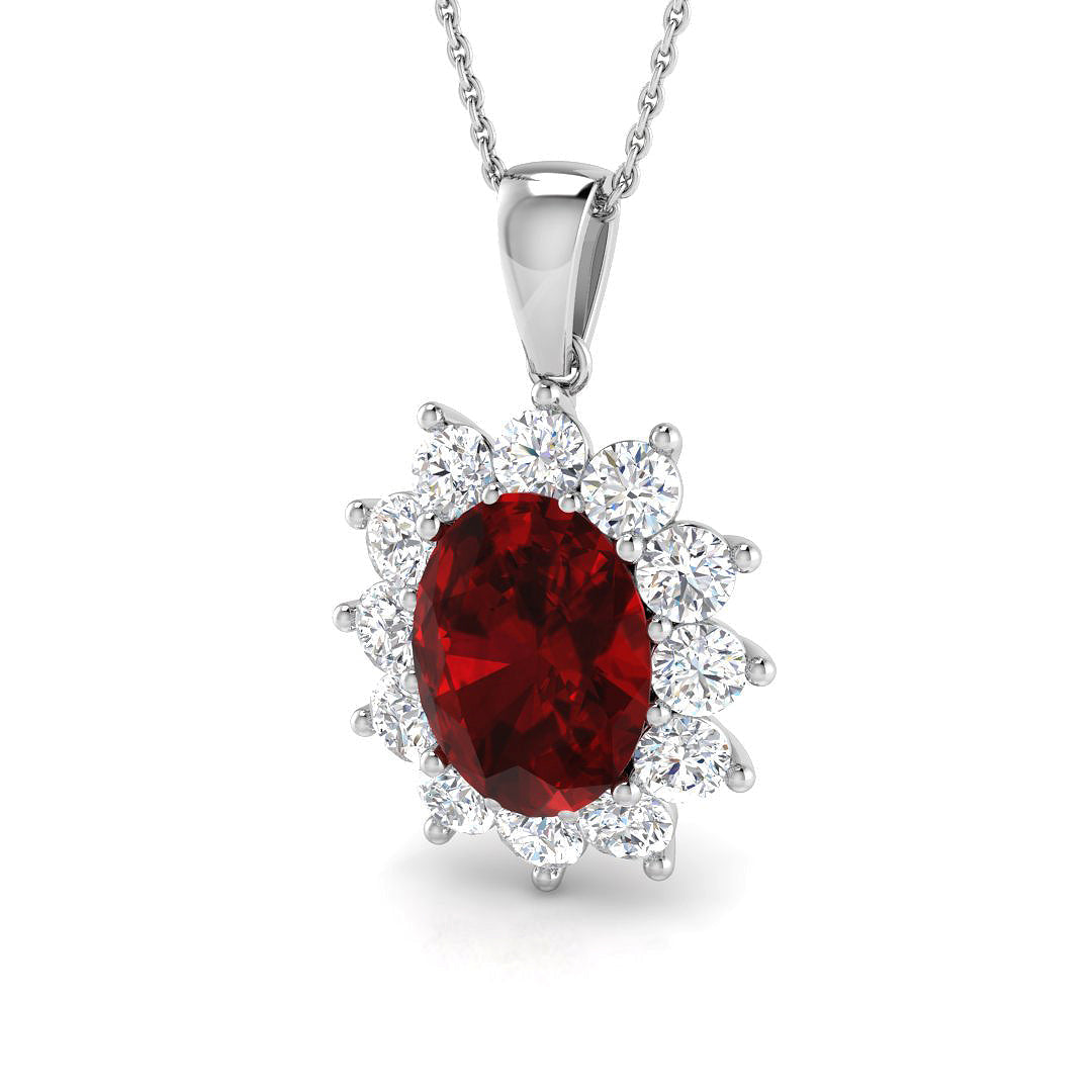 Oval Ruby Diamond Halo Pendant Necklace in 10K/14K gold and platinum with certified lab-grown or natural diamonds