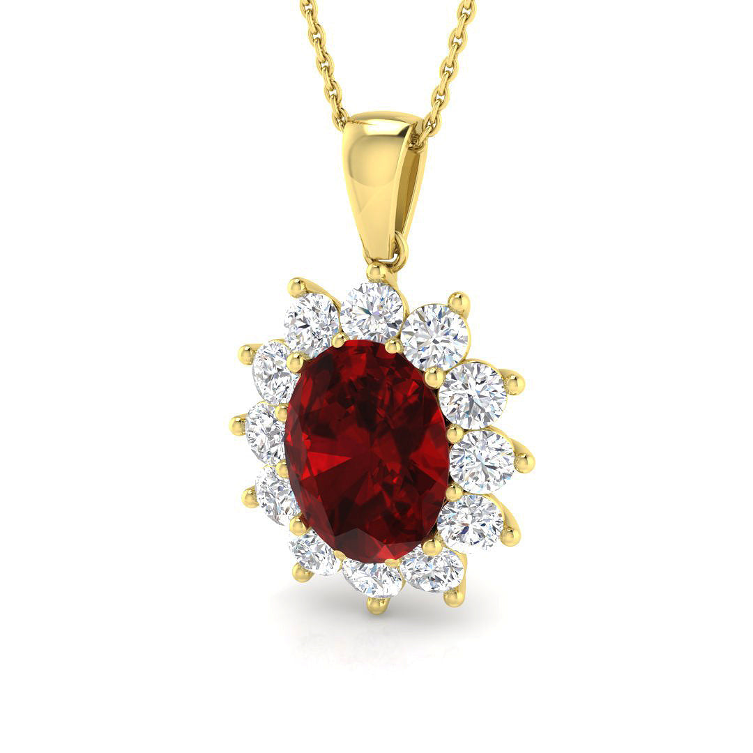 Oval Ruby Diamond Halo Pendant Necklace in 10K/14K gold and platinum with certified lab-grown or natural diamonds