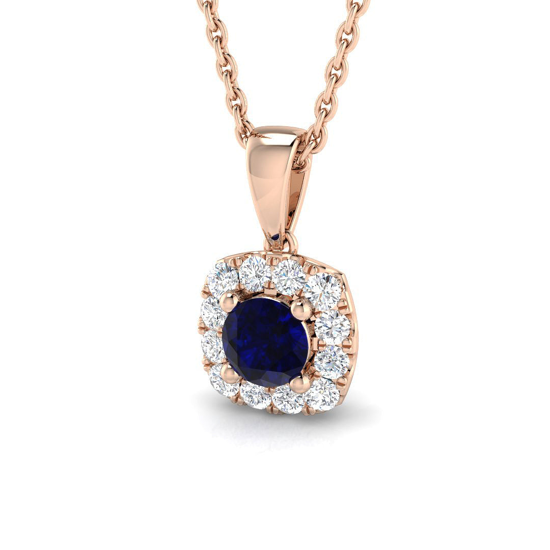 Blue Sapphire Pendant Necklace with Diamond Halo in - UK Made in 10K/14K gold and platinum with certified lab-grown or natural diamonds