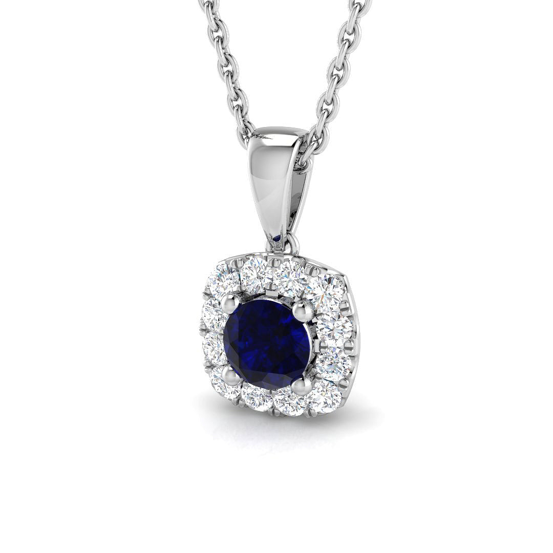 Blue Sapphire Pendant Necklace with Diamond Halo in - UK Made in 10K/14K gold and platinum with certified lab-grown or natural diamonds