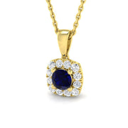 Blue Sapphire Pendant Necklace with Diamond Halo in - UK Made in 10K/14K gold and platinum with certified lab-grown or natural diamonds