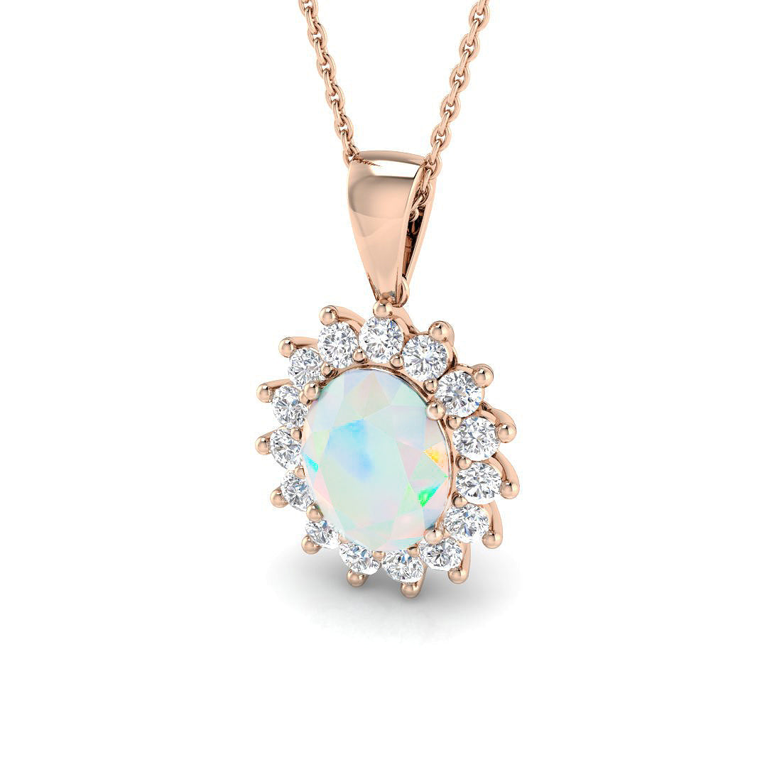 Oval Opal Halo Pendant in 10K/14K gold and platinum with certified lab-grown or natural diamonds