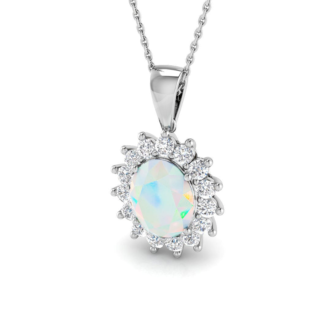 Oval Opal Halo Pendant in 10K/14K gold and platinum with certified lab-grown or natural diamonds