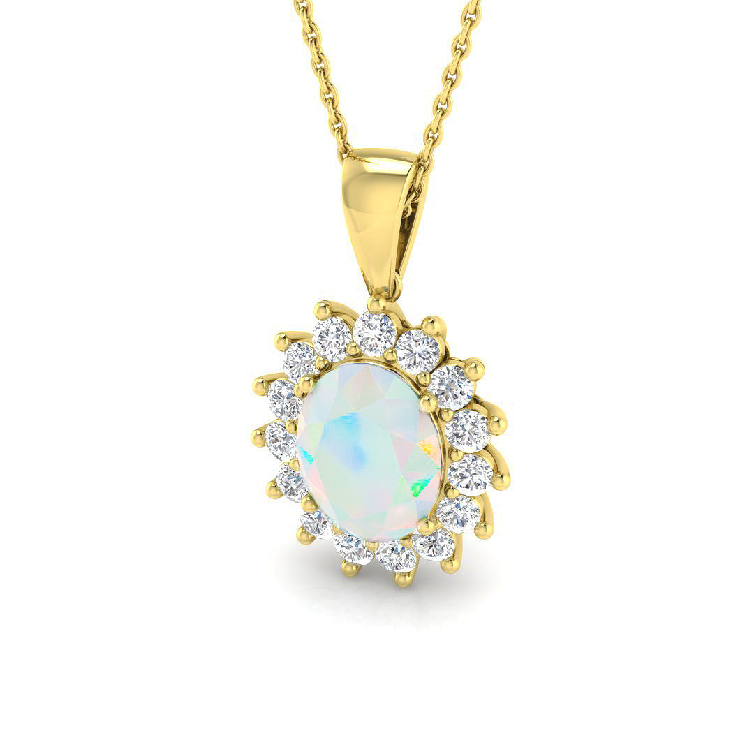Oval Opal Halo Pendant in 10K/14K gold and platinum with certified lab-grown or natural diamonds