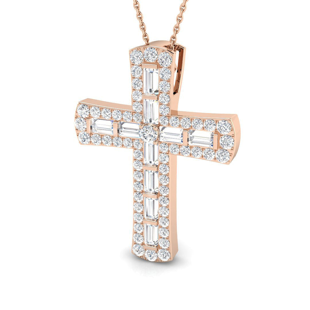 2Ct Baguette Diamond Cross Pendant with Round Diamond Halo in 10K/14K gold and platinum with certified lab-grown or natural diamonds