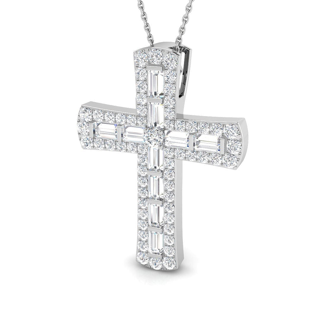 2Ct Baguette Diamond Cross Pendant with Round Diamond Halo in 10K/14K gold and platinum with certified lab-grown or natural diamonds